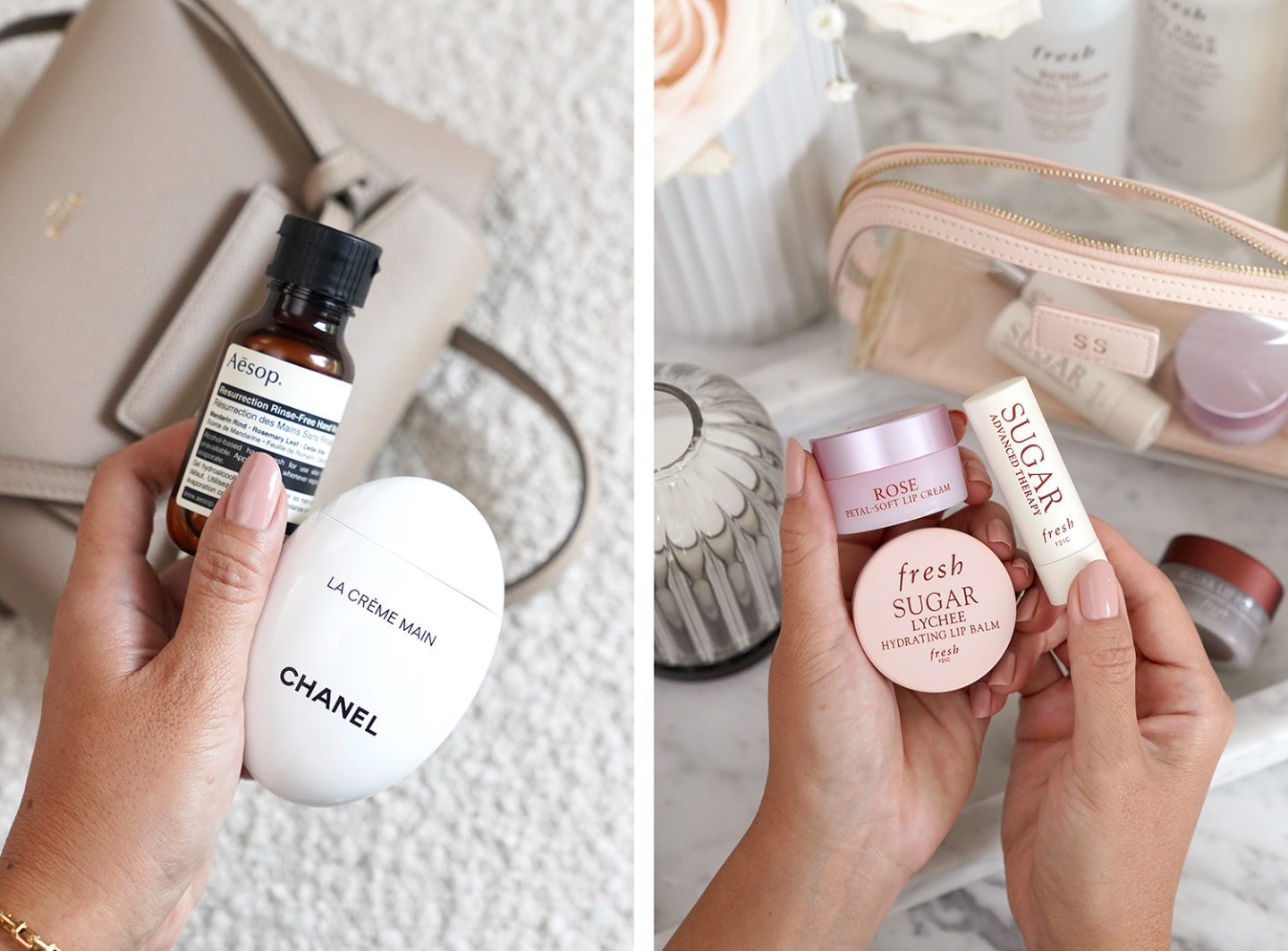 Handbag Essentials: Aesop Hand Sanitizer, Chanel Hand Cream, Fresh Lip Balms